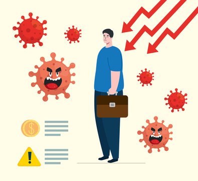 Coronavirus 2019 Ncov Impact Global Economy, Covid 19 Virus Make Down Economy, World Economic Impact Covid 19, Man With Arrows Down Vector Illustration Design