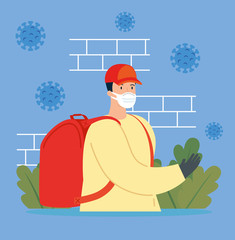 delivery of goods during the prevention of coronavirus, courier worker using face mask vector illustration design