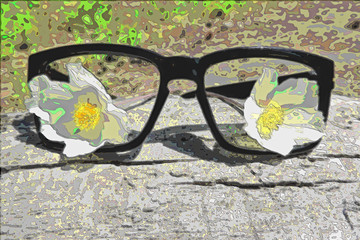 black frame glasses, white flowers raw board art blur effect contouring