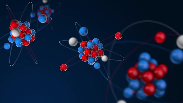 Atom 3d model, protons and neutrons in atomic nucleus and orbiting electrons, 4k
