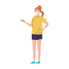 woman using medical protective mask against covid 19 vector illustration design