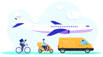 nline delivery service concept, online order tracking, delivery home and office. Warehouse, truck, airplane, and bicycle courier, delivery man . Vector illustration