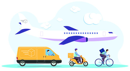 nline delivery service concept, online order tracking, delivery home and office. Warehouse, truck, airplane, and bicycle courier, delivery man . Vector illustration