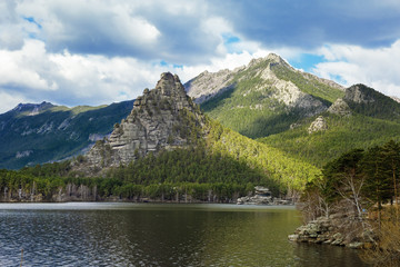 View of Burabay (Borovoe) Lake and beautiful mountain Okzhetpes. Burabay National Nature Park in Republic of Kazakhstan. Travel to central Asia. May, 2019.