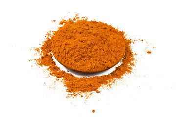 Turmeric powder isolated on a white background.