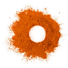 Turmeric powder isolated on a white background. Text space. Top view.
