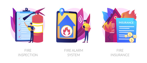 Firefighter equipment, notification technology control. Real estate damage compensation. Fire inspection, fire alarm system, fire insurance metaphors. Vector isolated concept metaphor illustrations