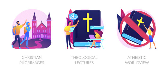 Religious tourism, visiting holy places. Church values promotion. Christian pilgrimages, theological lectures, atheistic worldview metaphors. Vector isolated concept metaphor illustrations