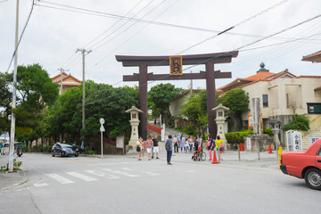 Street view in front of Naminoue Shrine in Naha, Okinawa, Japan