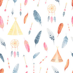 Watercolor boho feathers and arrows seamless pattern on white background. Perfect for covers, wallpaper, wrapping paper, textile. Vintage background with dream catcher and teepee.