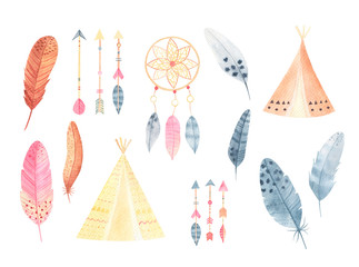 Tribal elements watercolor hand drawn set isolated on white background. Decoration for boho wedding invitation, children party, birthday. Dream catcher, feather, arrow, teepee. 