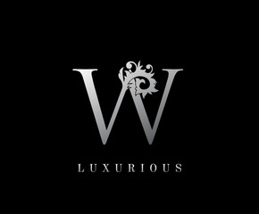 W Letter Floral logo. Vintage silver majestic letter stamp for book design, weeding card, label, business card, Restaurant, Boutique, Hotel