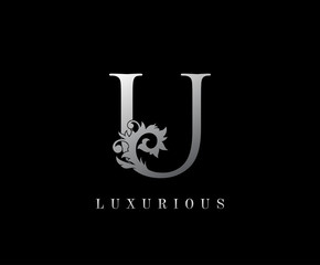 U Letter Floral logo. Vintage silver majestic letter stamp for book design, weeding card, label, business card, Restaurant, Boutique, Hotel.