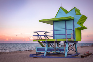 Miami Beach, Florida - Colorful sunset and Miami Beach lifeguard tower