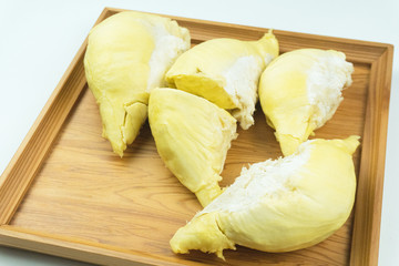 Monthong Durian riped on square wooden tray.Durian is a famous and king of fruits in Thailand.