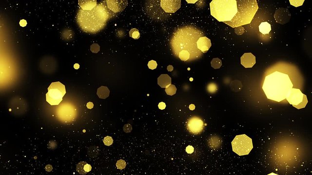 Octagon golden particles bokeh abstract background with shining gol Floating Dust Particles Flare star on Black Background in Slow Motion. Futuristic glittering fly movement flickering loop in space.