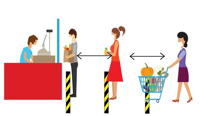 Supermarket store counter cashier and buyers in medical masks, with cart and basket of food. Quarantine coronavirus 2019-nCoV in the store social distancing epidemic precautions. Cartoon style vector