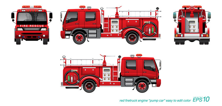 VECTOR EPS10 - red firetruck template, fire engine, pump car, isolated on white background.