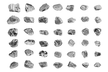 Silver stones set white background isolated closeup, iron mine nugget collection, gray metallic rock samples texture, raw metal ore pieces, group shiny grey lumps, natural mineral chunk, rough rubbles