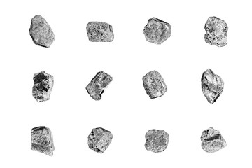 Silver stones set white background isolated closeup, iron mine nugget collection, gray metallic...