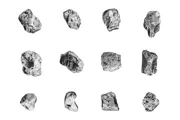 Silver stones set white background isolated closeup, iron mine nugget collection, gray metallic rock samples texture, raw metal ore pieces, group shiny grey lumps, natural mineral chunk, rough rubbles