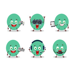 Green baloon cartoon character are playing games with various cute emoticons