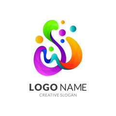 SW Monogram Letter Colorful Wave Logo Design, Letter S + Letter W Initial Logo Vector