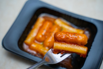 sausage and tteokbokki with cheese korean food