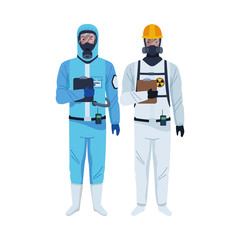 workers wearing biosafety suits characters