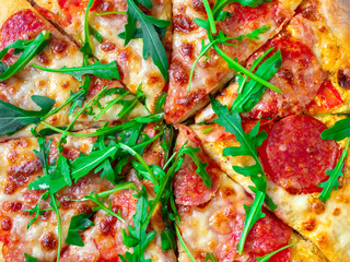 pizza with sausage, mozzarella and arugula. close-up