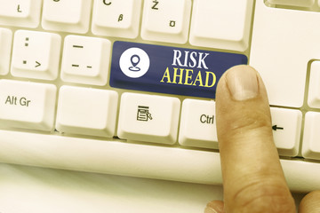 Word writing text Risk Ahead. Business photo showcasing A probability or threat of damage, injury,...