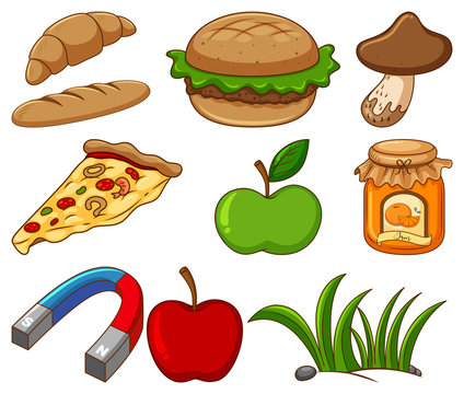 Large set of different food and other items on white background