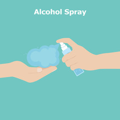 Hand spraying alcohol spray for coronavirus protection. Healthcare and disinfection concept