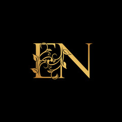 Golden floral letter E and N, EN logo Icon, Luxury alphabet font initial vector design isolated on black background.