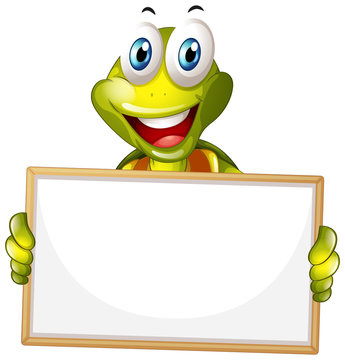 Blank sign template with happy turtle on white background
