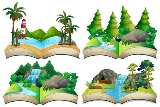 Set of nature landscape on open book