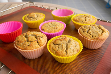 Closeup of freshly baked homemade muffins on tray or oven grate. Cooking at home or homemade dessert concept