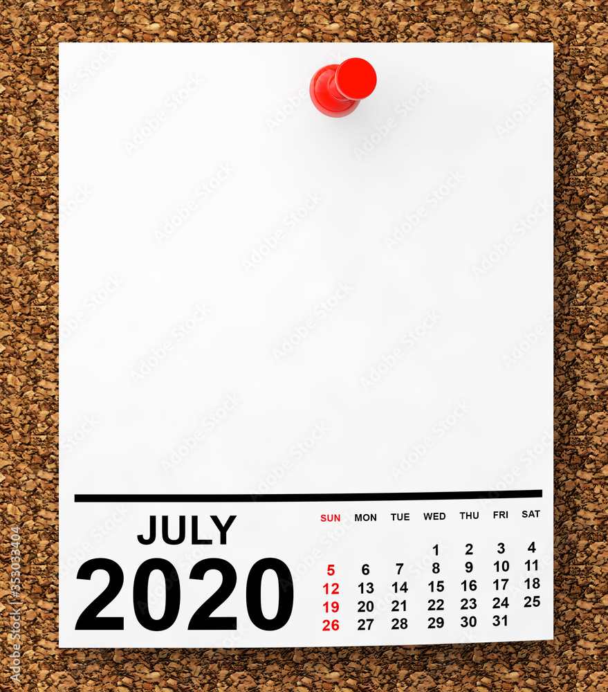 Aufkleber calendar july 2020 on blank note paper. 3d rendering