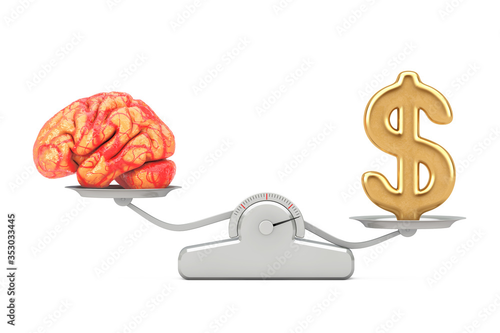 Poster Golden Dollar Sign with Brain Balancing on a Simple Weighting Scale. 3d Rendering