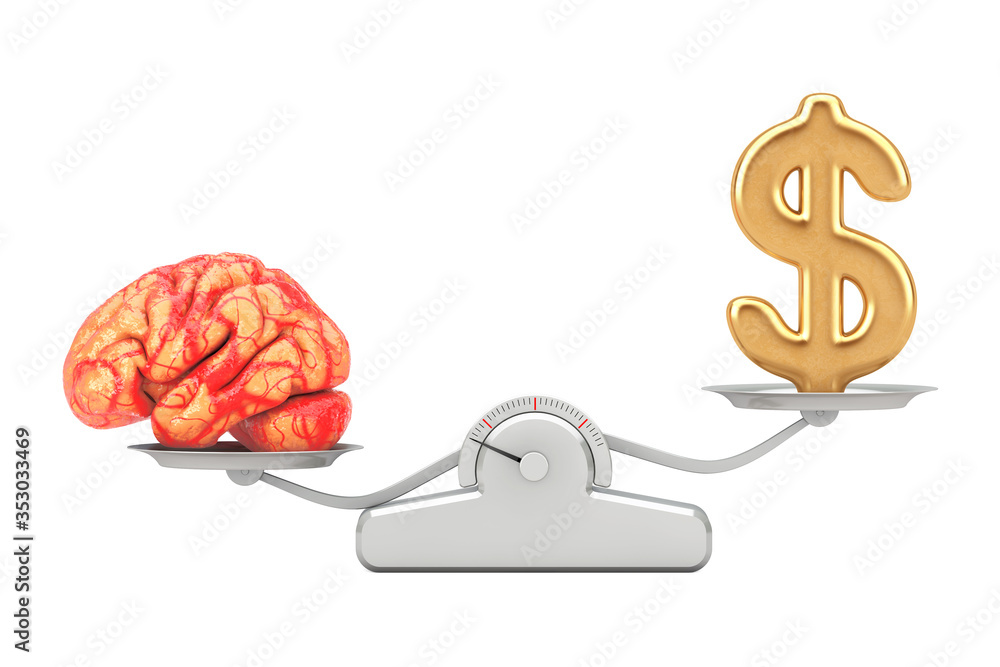 Poster Golden Dollar Sign with Brain Balancing on a Simple Weighting Scale. 3d Rendering