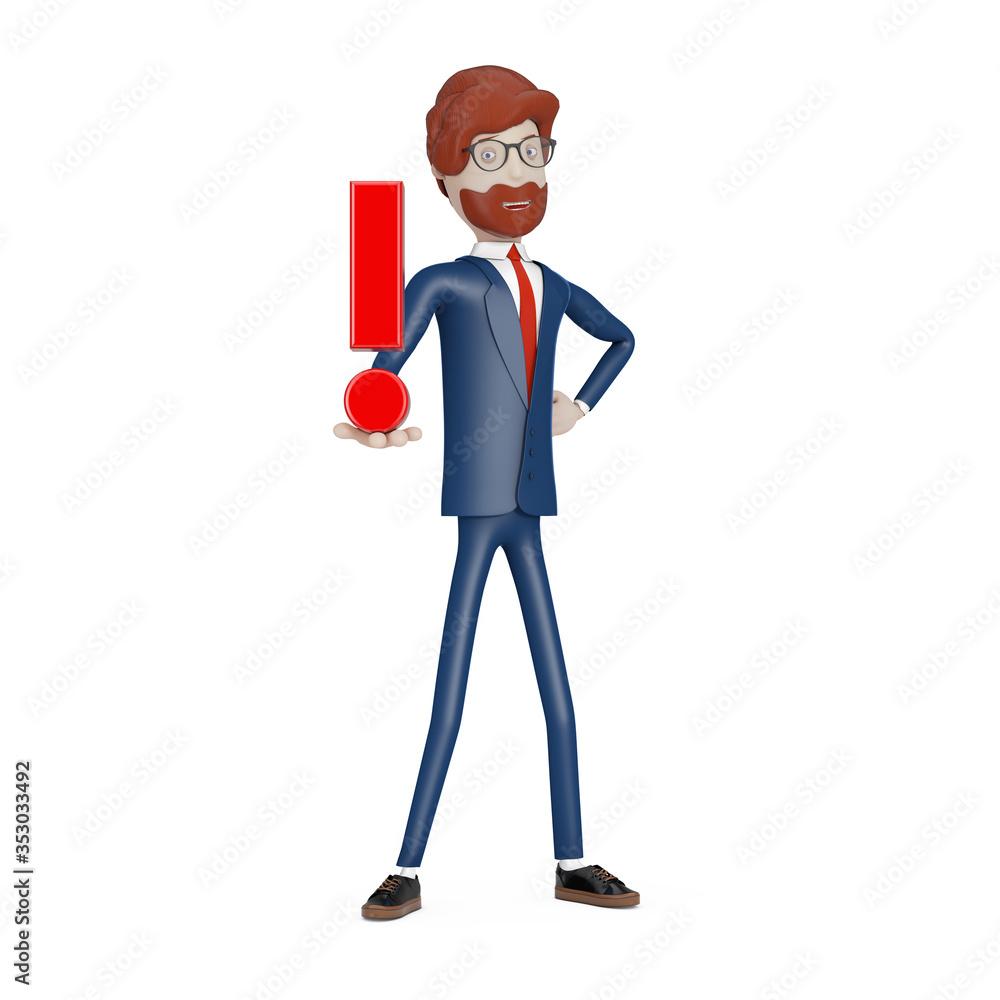 Poster Cartoon Character Businessman with Red Exclamation Mark in Hand. 3d Rendering
