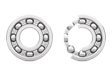 Set of Shiny Chrome Steel Ball Bearings with One Cut Outed Where Visible the Inner Parts. 3d Rendering