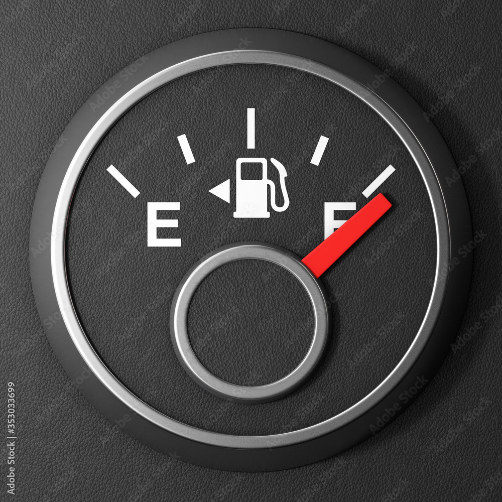 Poster fuel dashboard gauge showing a full tank. 3d rendering