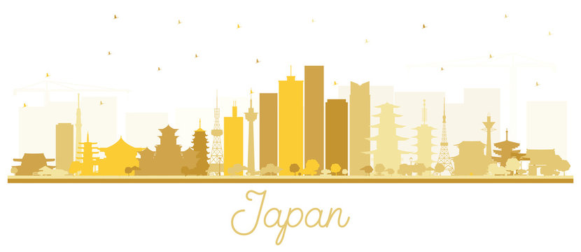 Japan City Skyline Silhouette with Golden Buildings Isolated on White.