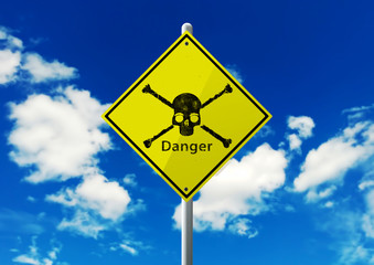 青空に掲げる抽象的なひし形の警告標識