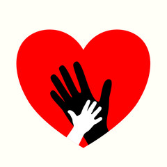 Mother and baby hand Is holding together  In the red heart shape. Love and trust in family. Motherhood bonding. Donate, encouragement, hospital concept.