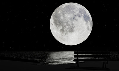 Silhouette of a wooden chair on the floor With a full moon background There are many stars in the sky and the sea floor. 3d rendering