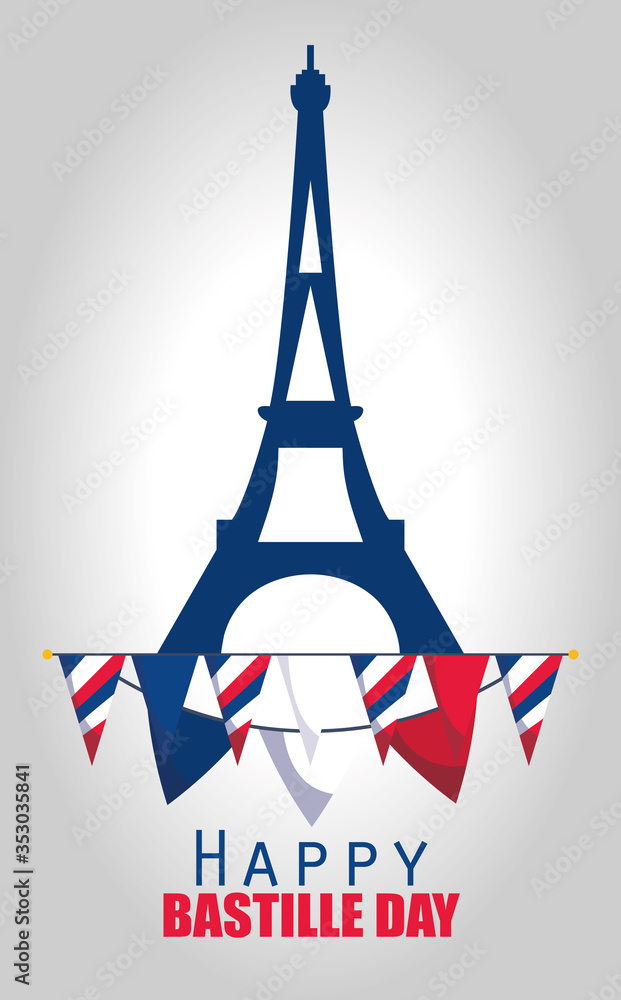 Poster france eiffel tower with banner pennant of happy bastille day vector design