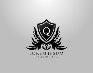 Q Letter Logo. Inital Q Majestic King Shield Black Design for  Boutique,  Hotel, Photography, Jewelry, Label.