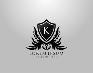 K Letter Logo. Inital K Majestic King Shield Black Design for  Boutique,  Hotel, Photography, Jewelry, Label.